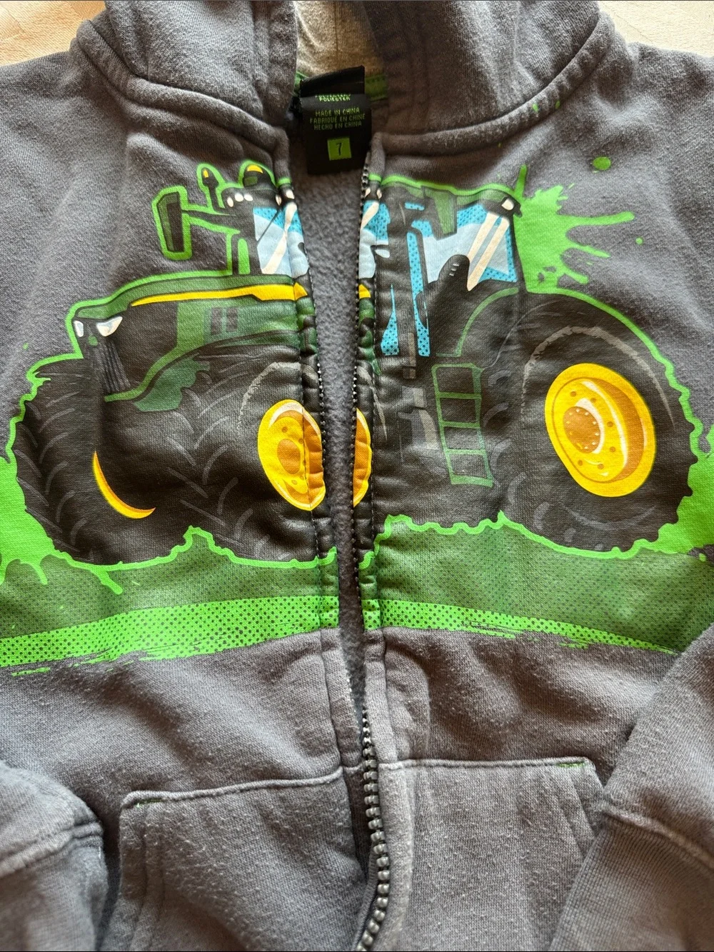 John Deere Gray Hoodie with Green and Yellow Tractor Graphic